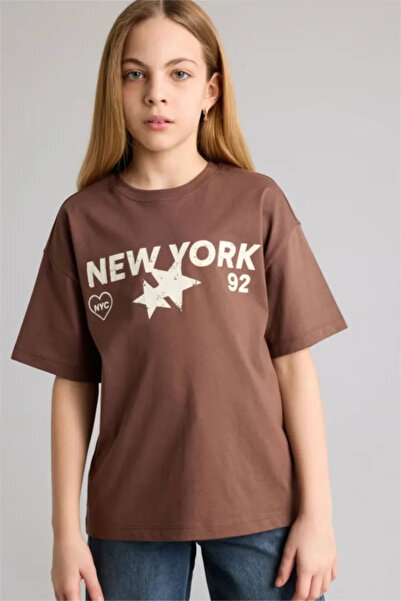 DeFacto 100% Cotton Oversized Crew Neck Printed Short Sleeve Brown T-Shirt fo...
