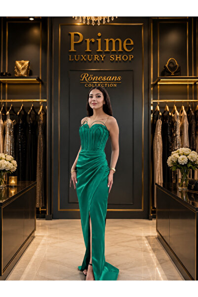 PRİMELUXRY SHOP Zümrüt Yeşili Straplez Saten Abiye Elbise – Yırtmaç Detaylı B...