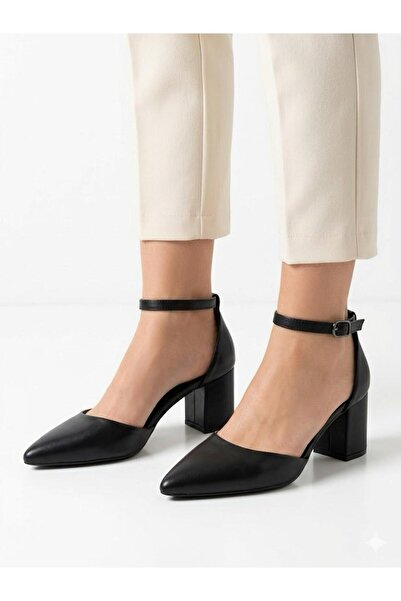 Lütfi Women's Black Closed Back Single Strap Pointed Toe Heeled Shoes