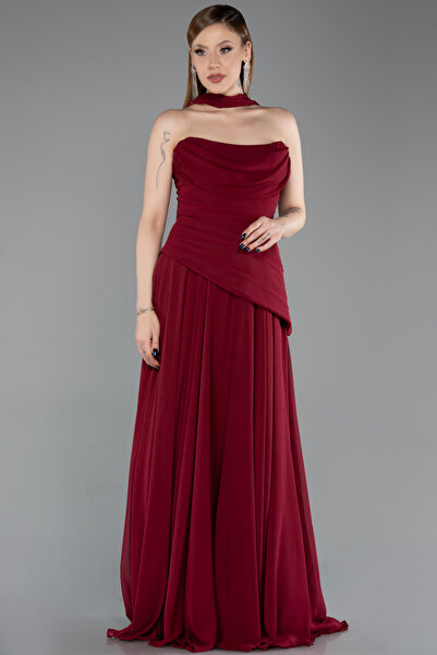 Abiyefon Bordo Straplez Peplum Kesim Uzun Şifon Abiye Elbise ABU5763