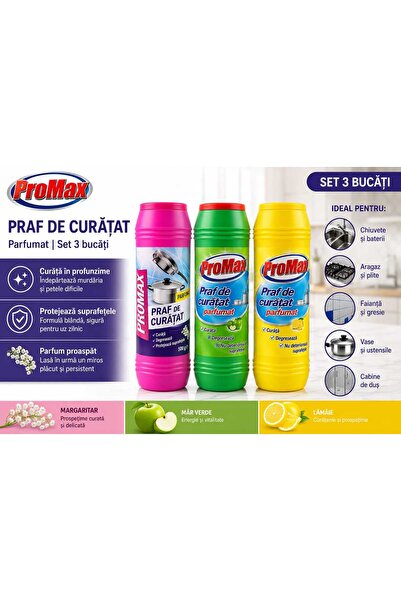Promax ✨ Set 3 x Praf de Curățat Parfumat 500g – Mărgăritar, Măr Verde & Lămâ...