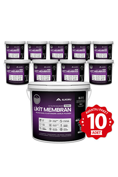 ALKORU 10 Adet 13 KG Gri Kumlu Likit Membran Renkli Reçine Esaslı Sıvı Su Yal...
