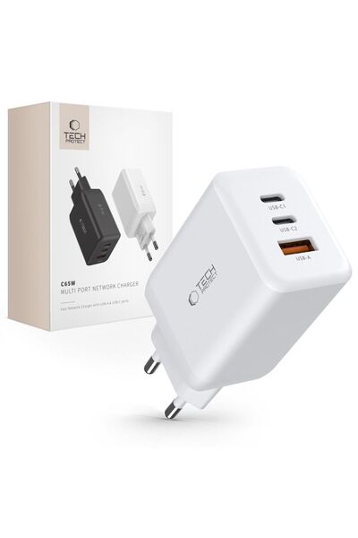 Tech-Protect Încărcător de rețea cu 3 porturi ≈Åadowarka C65W PD65W/QC3.0 ALB