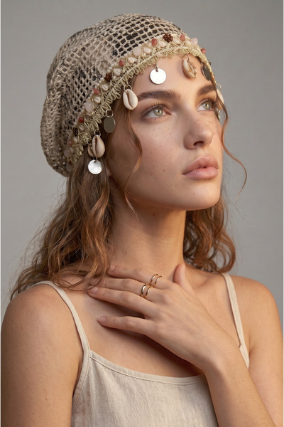 Alice İsstanbul Beige Charmlı Long Mesh Summer Beret&Hat
