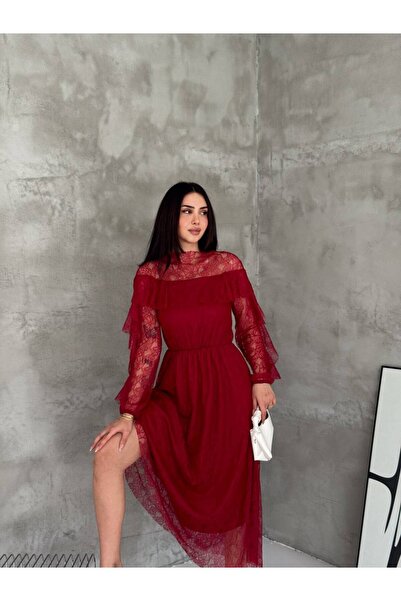 BLUSS Women's Ruffle Sleeve Detailed Transparent Lace Midi Length Evening Dress