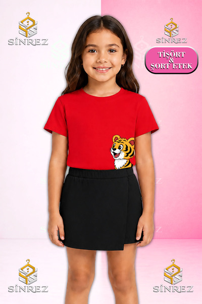 SİNREZ طقم بناتي من KIZ CHILDREN'S TEAM، تي شيرت بأكمام قصيرة مطبوع عليه TIGE...