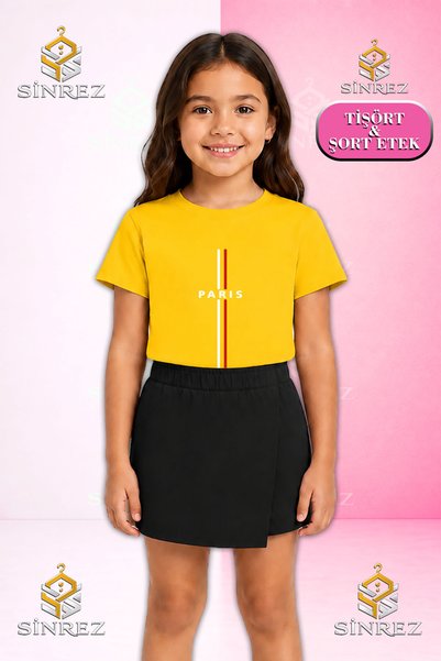 SİNREZ Set pentru fete PARIS REDUCED RED WHITE LINE Tricou cu mânecă scurtă i...