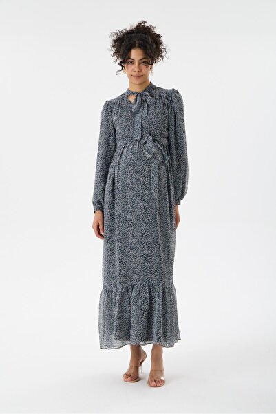 Işşıl M0015-Rochie maxi de maternitate cu model floral și guler legat