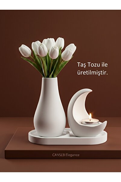 CANSEB Elegance 13CM Çiçek Pampas Vazosu & 11CM Hilal Mumluk & 17CM Oluklu Te...