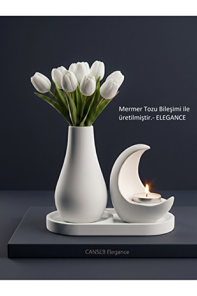 CANSEB Elegance 13CM Çiçek Pampas Vazosu & 11CM Hilal Mumluk & 17CM Oluklu Te...