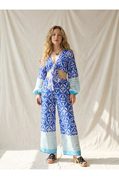 Su Koleksiyon Leyla Tie-Up Crop & Pants Set / Blue