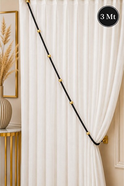 Emtory Home Siyah Kruvaze Perde Tavan Korniş Bağlama Halatı - Gold Detaylı - ...
