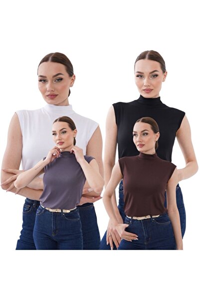 bykombincim Kadın 4'lü Sıfır Kol Kolsuz Body VİSKON Yarım Boğazlı Body 4 Adet