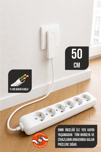 Aryes Mobilya Arkası İnce Fişli 6'lı Grup Priz (50 CM) - Çocuk Korumalı, Bakı...
