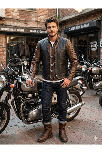 Savran Deri Genuine Leather Biker Vest with Chain Extensions and Drawstrings ...