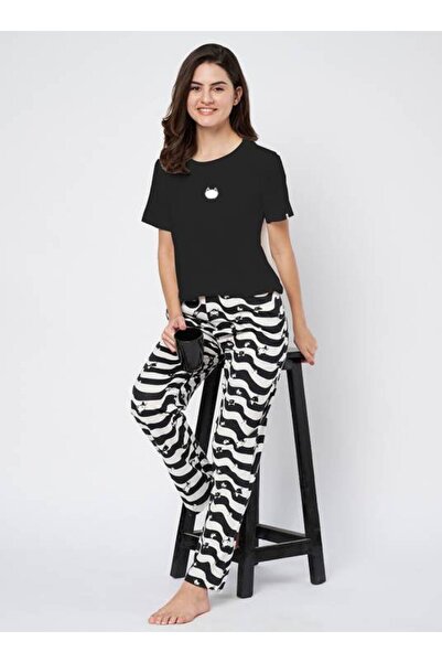 ParisBeauty BLACK TIDE PRINTED PYJAMA WITH BLACK T-SHIRT SET - BLACK TIDE + B...