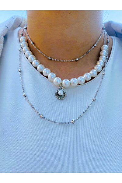 BİJUTERİ EVİ Silver Color Pearl Layered Women's Necklace Minimal Stylish Comb...