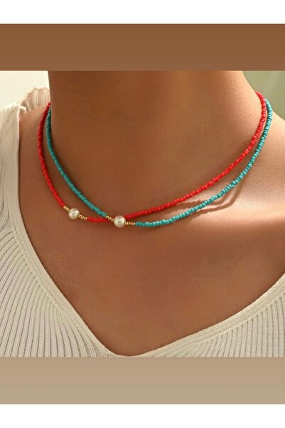 Minimalist Trend Şık Mavi ve Kırmızı Gold ve İnci Boncuk Detaylı Choker Kolye Seti 39 cm