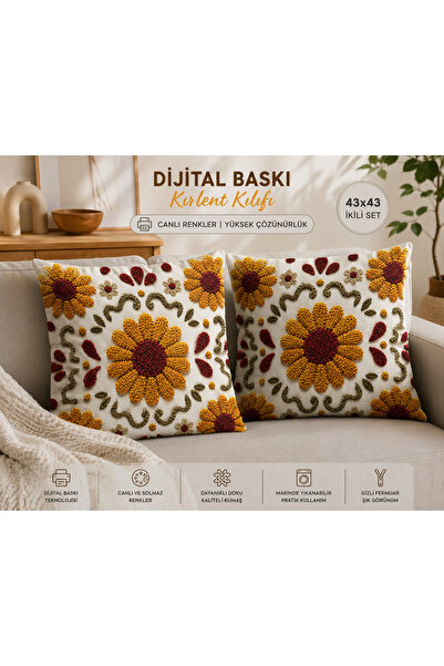 Ahsen Dekoratif Ayçiçeği Desenli Dekoratif Kırlent Kılıfı 43x43 cm | Bohem Di...