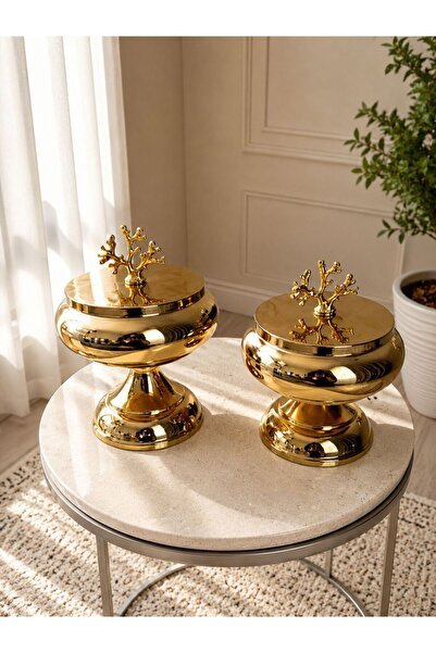 Evaart 2'Lİ DEKORATİF GOLD RENK AYAKLI ŞEKERLİK EV SALON OFİS DEKORU