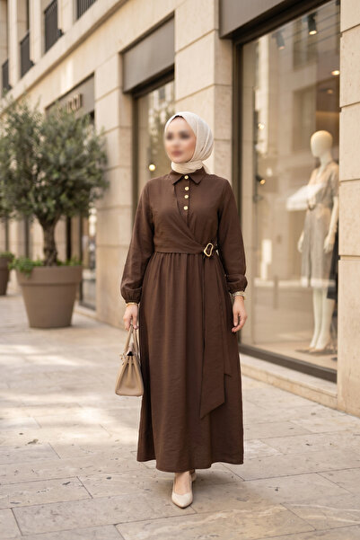 MUDUTEKSTİL Yan Bağlamalı Tokalı Elbise Kahverengi MD002607-20