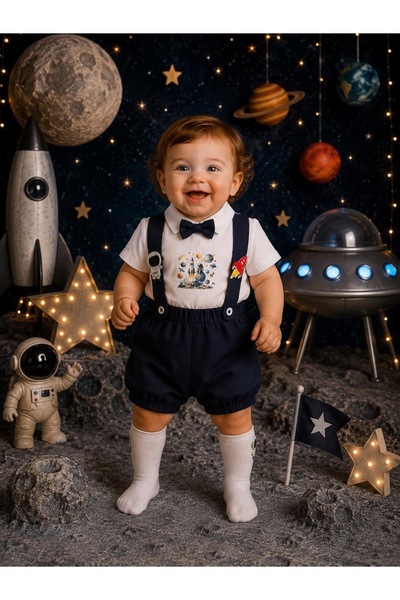 Feriatolye Space Concept Baby Boy Salopet Shirt Socks Bow Tie Set