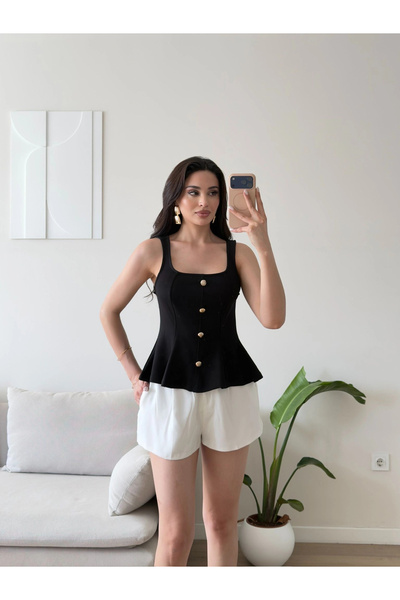 Zoom Butik Volanlı Düğmeli Bluz - SİYAH