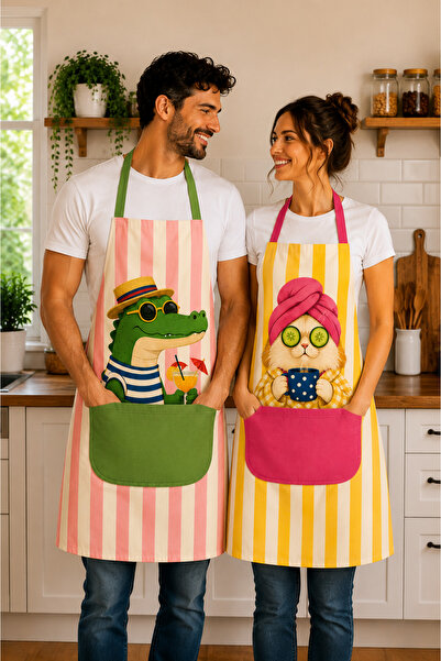AYSHOME مجموعة مريلة المطبخ من Ays Home Trend Sevimli Aile مكونة من قطعتين بن...