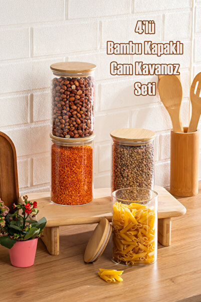 Porsima 2-4 Bamboo Vacuum Lids Round Borosilicate Glass 4-Piece Jar Set Stora...