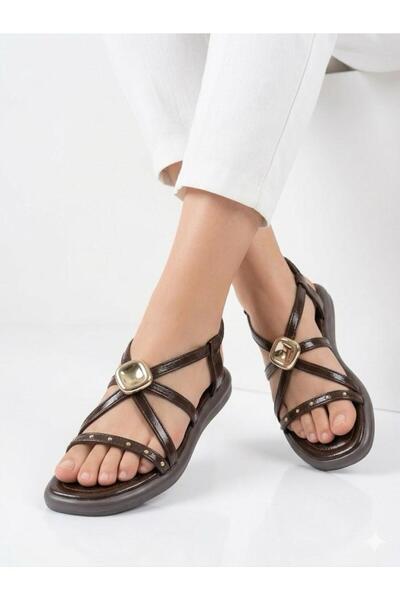 Lütfi Women's Brown Gold Buckle Detailed Soft Sole Casual Sandals