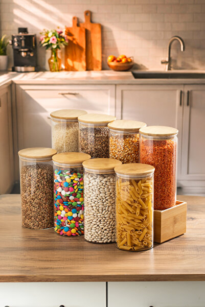 Porsima 3-4 Bamboo Vacuum Lids Round Borosilicate Glass 8-Piece Jar Set Stora...