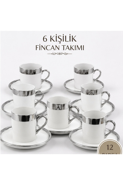 Farika Porselen 6 Kişilik Gümüş Platin Detaylı Porselen Kahve Fincanı Takımı ...
