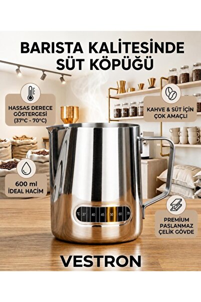 VESTRON Progear Dereceli Barista Süt Potu Paslanmaz Çelik Milk Jug Pitcher 60...