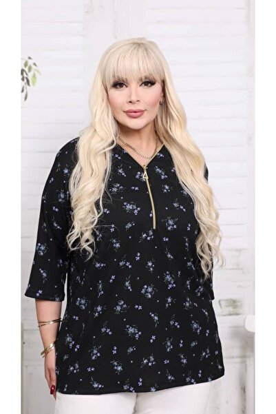 garajmood Black with Turquoise Pattern Zipper Plus Size Blouse