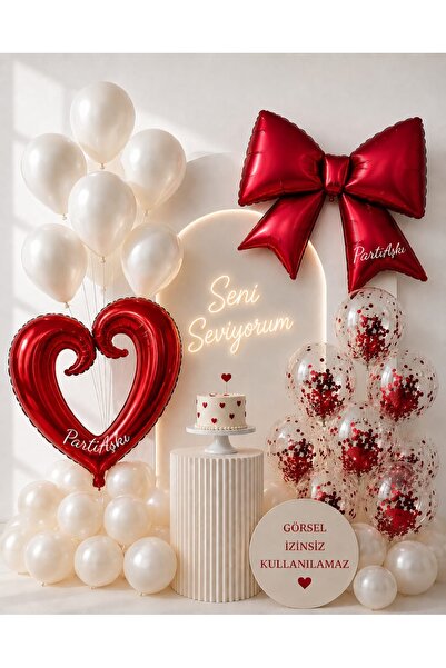 PARTİ AŞKI Kırmızı Fiyonk & Kalp 3'lü Balon Seti & Evlilik Teklifi, Yıldönümü...