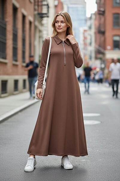 Şeker Portakalım V235 Zippered Modal Long Sleeve Relaxed Dress