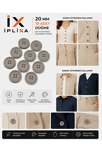 İPLİXA 20mm Gri Klasik Düğme 10 Adet | Dayanıklı Şık Dikiş Düğmesi