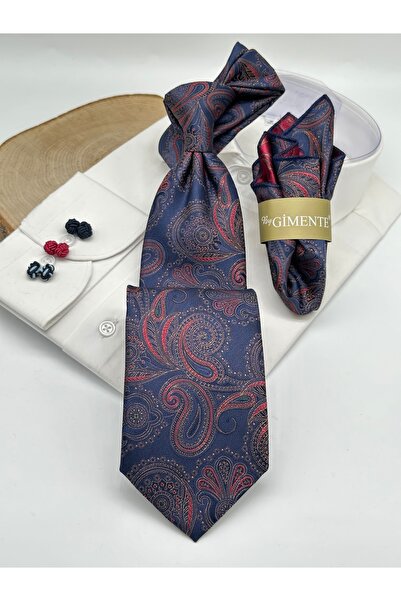 Gutiero Navy Blue Shawl Patterned Classic Tie with Handkerchief