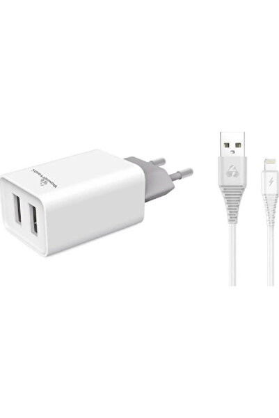 POWERTECH Φορτιστής με 2 θύρες USB-A και καλώδιο Lightning Λευκό (PT-777)