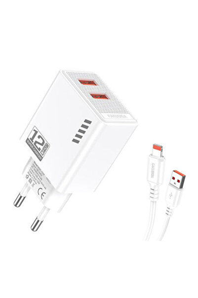 KAKUSİGA Φορτιστής με 2 θύρες USB-A και καλώδιο Lightning 12W Λευκός (KSC-1238)