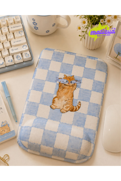 matizya Blue Checkered Cat Kare Bilek Destekli Mousepad 18x23 cm Kawaii Cat A...