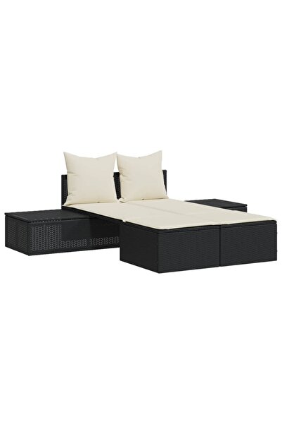 vidaxl Șezlong dublu cu perne, negru, poliratan