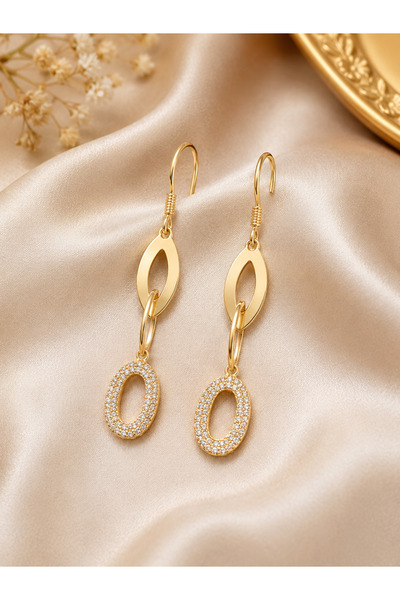 OEM Long Women's Earrings 14K Gold Plated, Elegant Model with Chains and Zirc...