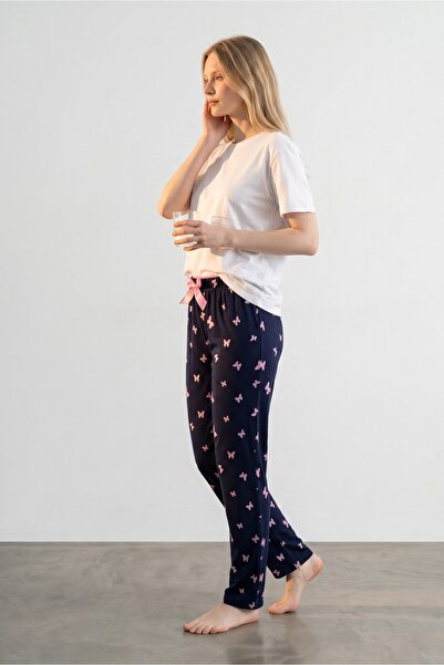 Erse Pantaloni de pijama din viscoză cu model fluture bleumarin 🦋