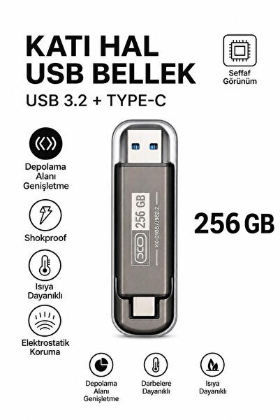 ATLT ATLANTİS 256 GB KATI HAL USB BELLEK USB 3.2 + TYPE-C ÇİFT GİRİŞLİ TAŞINA...
