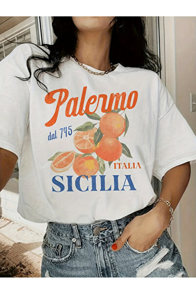 121 Women's Vibrant Orange Citrus Fruit Print Short Sleeve T-Shirt - "Palermo...