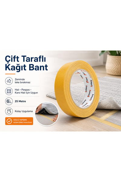 MİNUZ Çift Taraflı Kağıt Bant 3 cm 25 Metre İz Leke Bırakmaz Halı Paspas Karo...
