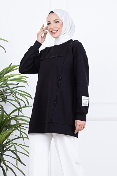 Moodbasic Kol Etiket Detaylı Sweatshirt - Siyah