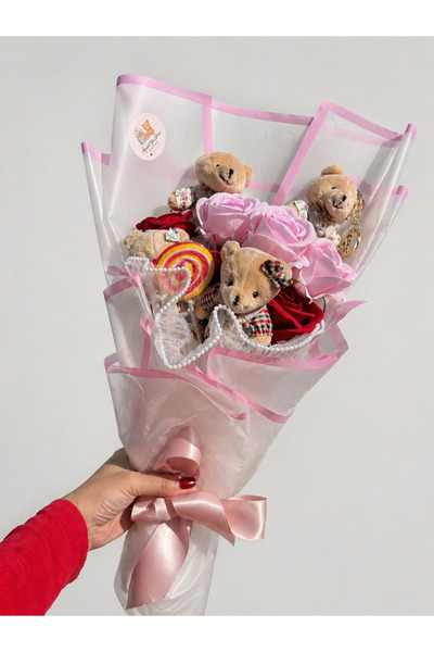 Pembe Güllü Peluş Ayıcık Buketi Romantik Hediye