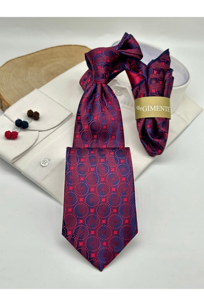 Gutiero Claret Red Patterned Classic Tie with Handkerchief